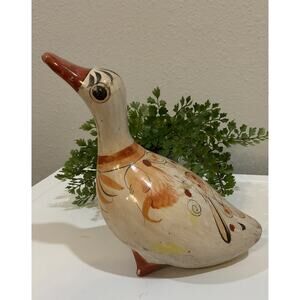 Vtg Rustic Hand Painted Mexico Folk Art Duck Bird Orange Cream Black Figurine
